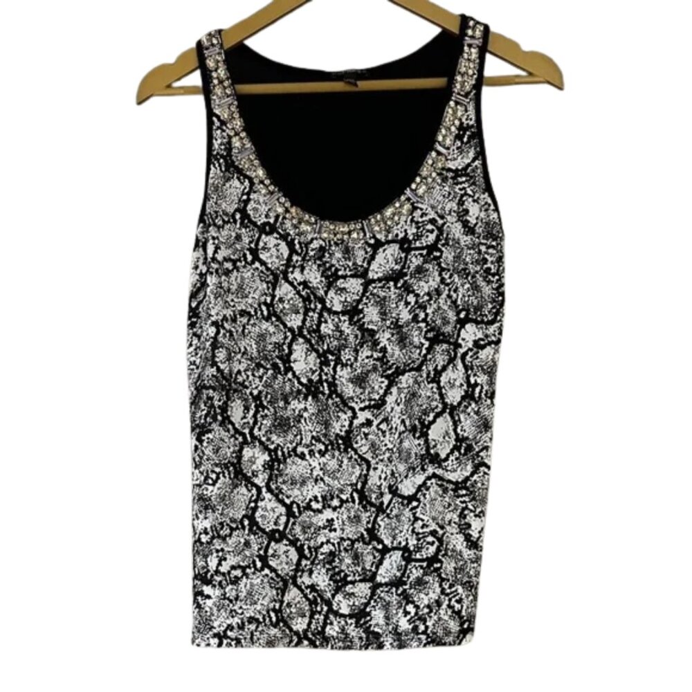 Express Black White Patterned Tank Top Jeweled Neckline Sleeveless Blouse